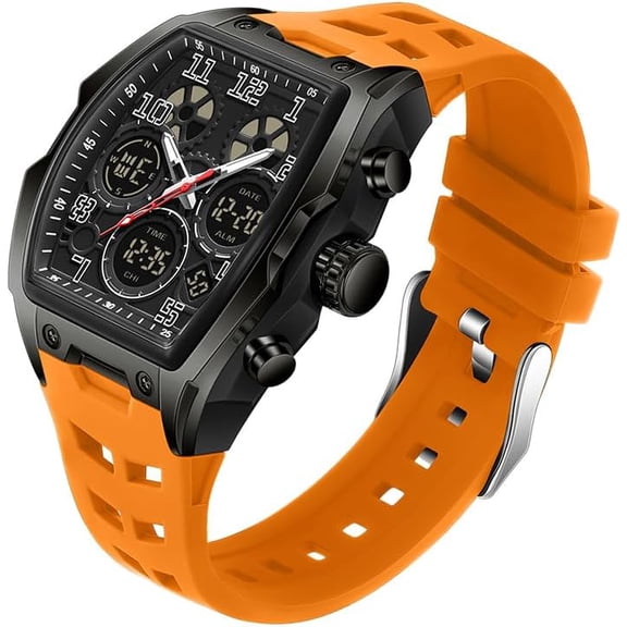 Watch for Men Fashion Hollow Unique Rectangle Dial Wristwatch Waterproof Sport Digital Analog Dual Time Display Stopwatch Punk Cool Design Silicon Strap Dress Watch