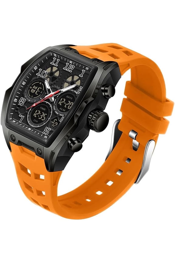 Watch for Men Fashion Hollow Unique Rectangle Dial Wristwatch Waterproof Sport Digital Analog Dual Time Display Stopwatch Punk Cool Design Silicon Strap Dress Watch