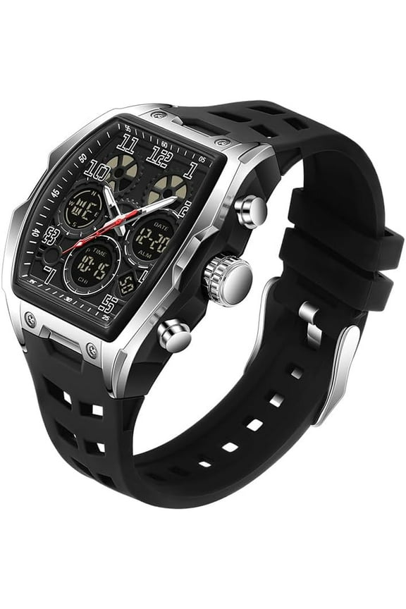 Watch for Men Fashion Hollow Unique Rectangle Dial Wristwatch Waterproof Sport Digital Analog Dual Time Display Stopwatch Punk Cool Design Silicon Strap Dress Watch