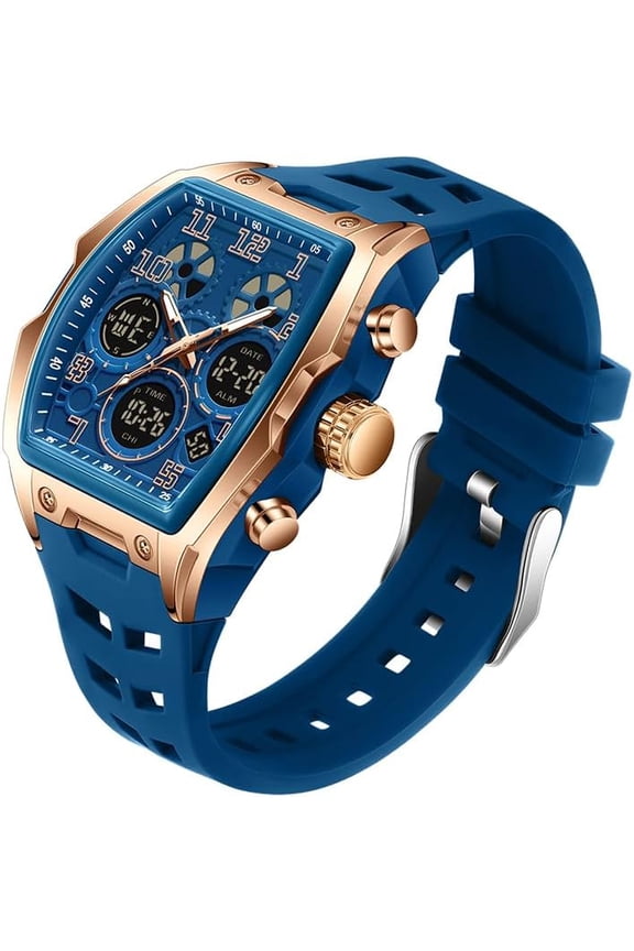Watch for Men Fashion Hollow Unique Rectangle Dial Wristwatch Waterproof Sport Digital Analog Dual Time Display Stopwatch Punk Cool Design Silicon Strap Dress Watch