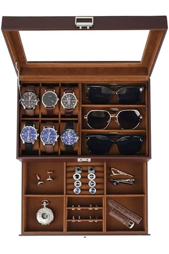 Watch Organizer & Jewelry Box for Men – 6 Watch Slots, 3 Sunglass Slots, Drawer for Rings, Bracelets & Cufflinks, 2-Layer Leather Watch Display Case w/Glass Lid, Gift for Men & Women, Brown