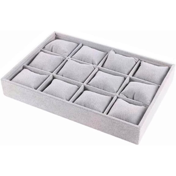 Watch Organizer Tray 12 Slots, 12 Grid Jewelry Bangle Display Tray with Adjustable Pillow, Velvet Watch Box Organizer Bracelet Storage Holder Box Case for Men Women (Grey)