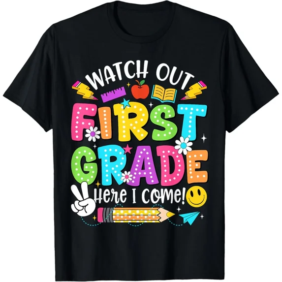 Watch Out First Grade Here I Come Colorful Back to School Student Graphic T-Shirt Funny Retro Elementary School Apparel