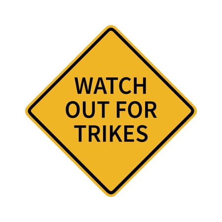 Watch Out For Trikes Vinyl Sticker Decal (3.375" x 9") | Peel & Stick | Funny, Humor, Gift, Signs, Warning, Hazzard, Caution