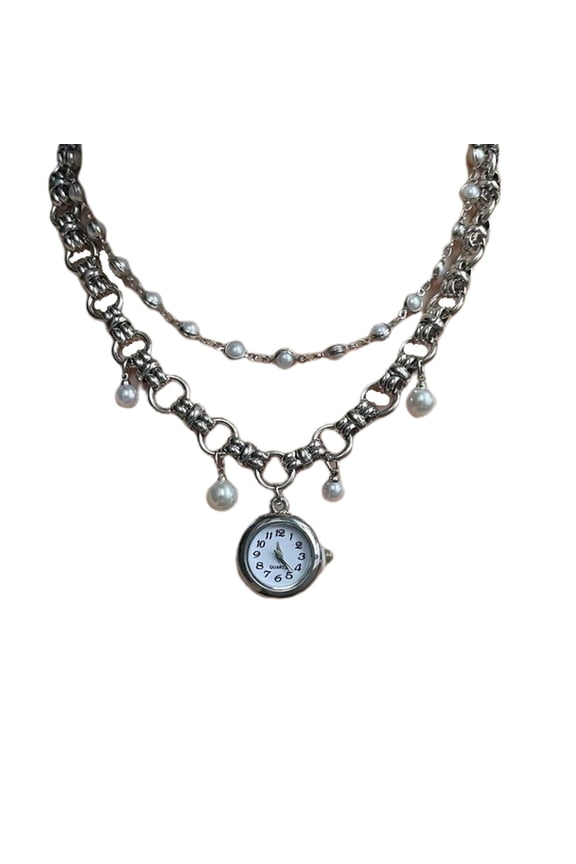 Watch Pendant Metallic Pearls Strand Necklace Flowing Tassels Embellishment