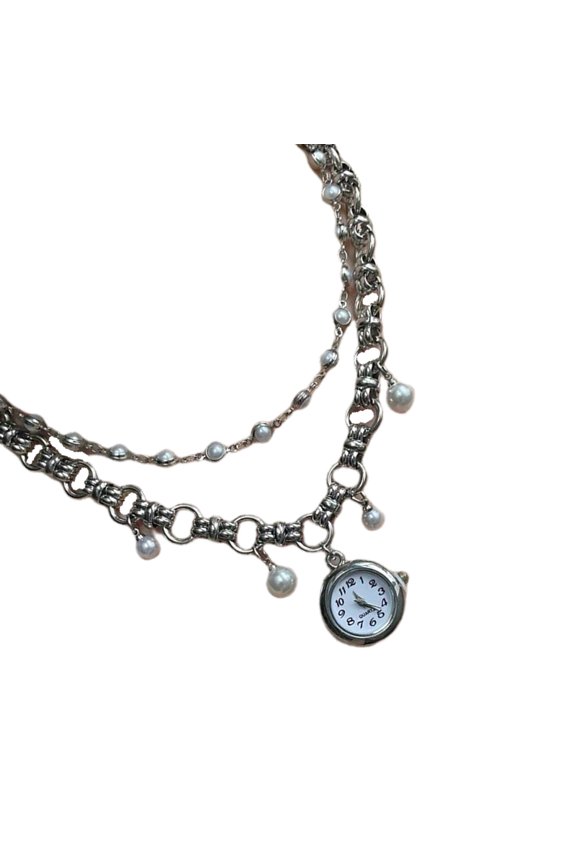 Watch Pendant Metallic Pearls Strand Necklace Flowing Tassels Embellishment