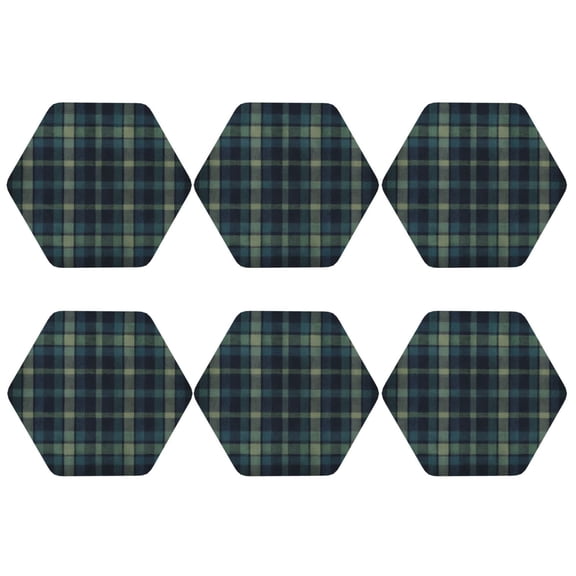 Watch Plaid Set of 6 Faux Leather 4 Inch Coasters Drinks Tabletop Home Dinning Hexagon