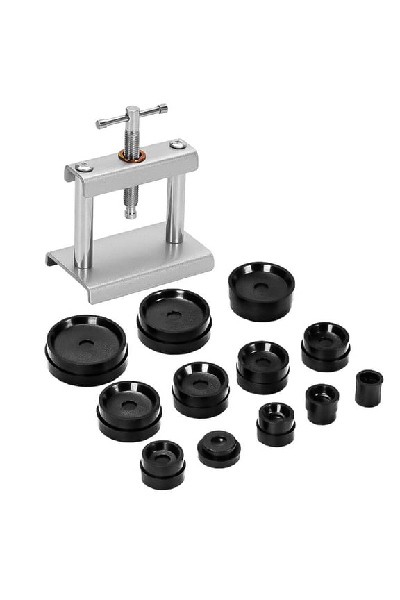 Watch Press Set with 12 Dies for Watch Back Case Closer Repairing Tool, Metal Construction with ABS Replacement Dies, Includes Cleaning Cloth