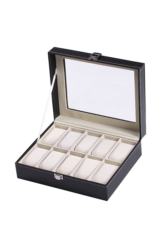 Watch Storage Box 10 Slot Display Case Real Glass Organizer with Framed Glass Lid Elegant Contrast and Removable Pillow Pu Leather for Men and Women