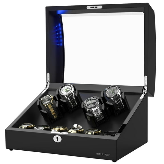 Watch Winder for 4 Automatic Watches, with Extra 6 Watch Storages, LED Illumination, Wood Shell Piano Finish, Silent Motor, Flexible Watch Pillow and USB Cable