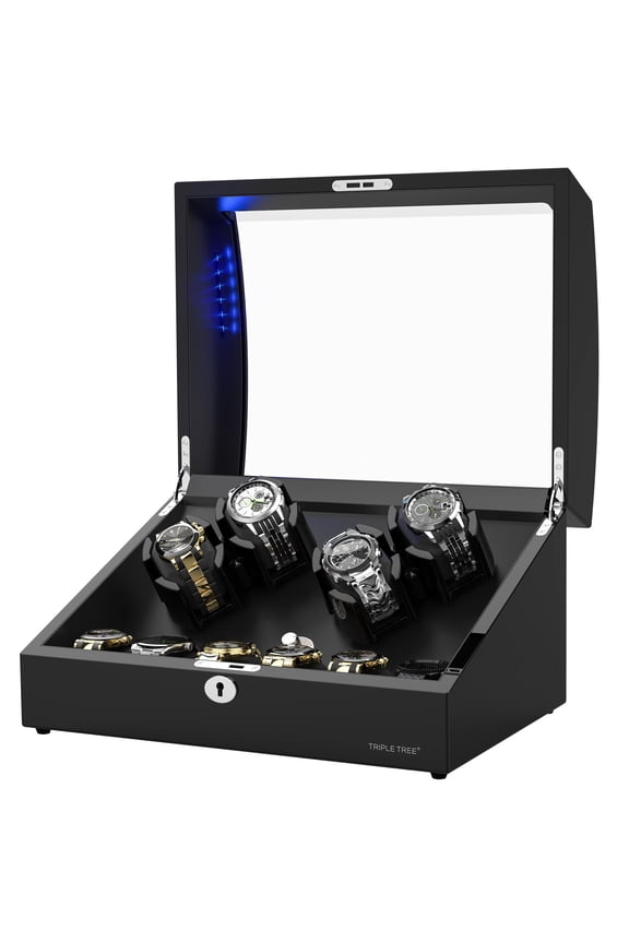 Watch Winder for 4 Automatic Watches, with Extra 6 Watch Storages, LED Illumination, Wood Shell Piano Finish, Silent Motor, Flexible Watch Pillow and USB Cable