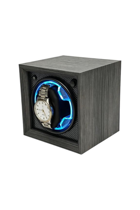 Watch Winder Automatic Mechanical Watch Winder with LED Light Single Watch Box Gray Wood Grain