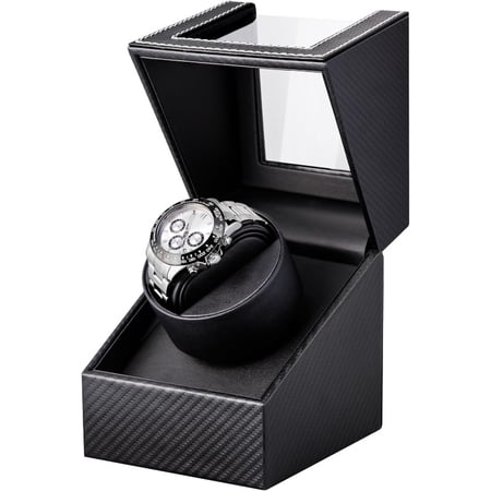Watch Winder for Automatic Watches: Automatic Single Watch Winder Box, Rotating Watch Case in Black Carbon Fiber Leather, Watch Rotator with Quiet Motor, Battery Powered or AC Adapter