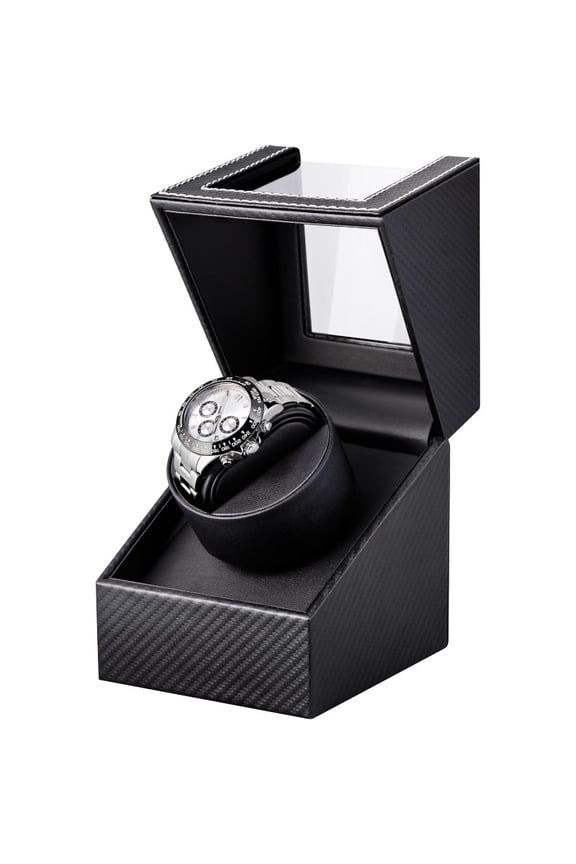 Watch Winder for Automatic Watches: Automatic Single Watch Winder Box, Rotating Watch Case in Black Carbon Fiber Leather, Watch Rotator with Quiet Motor, Battery Powered or AC Adapter