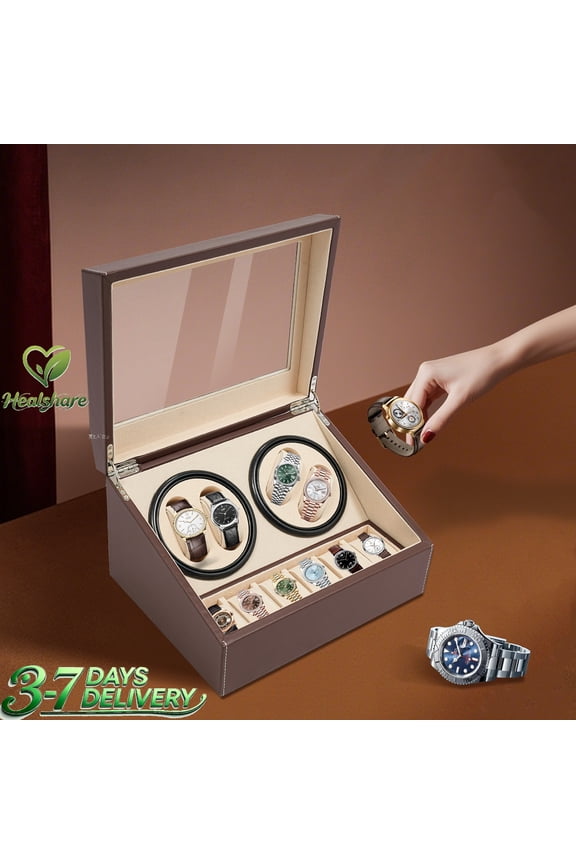 Watch Winder Box Automatic 10 Slot 4+6 Watches Storage Organizer PU Leather MDF Brown Display Case for Men Women Jewelry Collector Desktop Home Gift 12x9.3x7in
