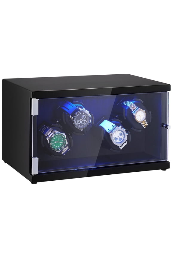 Watch Winder for 4 Automatic Watches Super Quiet Japanese Mabuchi Motors Blue LED Light High Density Board Shell Black PU