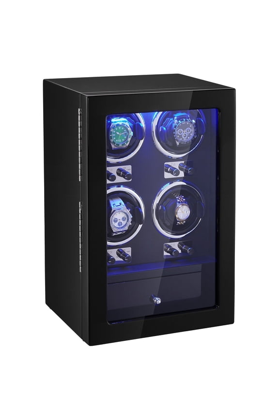 Watch Winder for 4 Automatic Watches, Super Quiet Japanese Motors, Blue LED Light, High-Density Shell, Black PU Finish