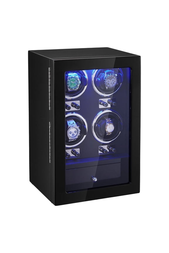 Watch Winder for 4 Watches, Automatic Watch Winder with Mabuchi Motors, Blue LED, Black PU & Wood Case - for Men & Women