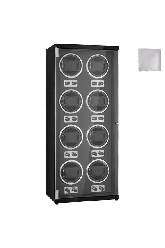 Watch Winder, Watch Winder for 8 Men's and Women's Automatic Watches, with 8 Super Quiet Japanese Mabuchi Motors, Blue LED Light and Adapter, High-Density Board Shell and Black PU
