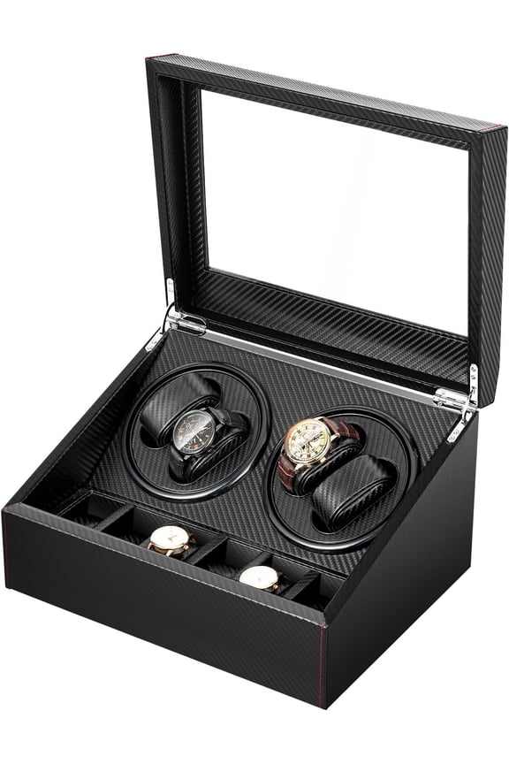 Watch Winders for Automatic Watches, Black Carbon Fiber Automatic Watch Winder Box with 4 Winder and 6 Extra Storage (Not Included Watches)