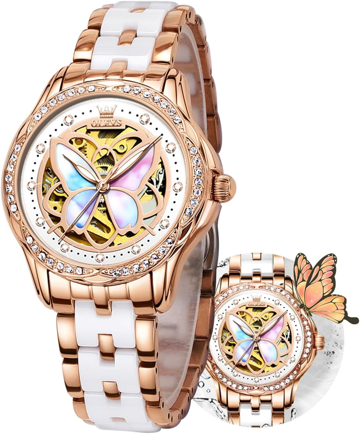 Watch Women Automatic Ceramic Watches for Ladies Mechanical Wist Watches Luxury Skeleton Dial Butterfly Diamond Large Face Waterproof Self Winding Stainless Steel Dress Two Tone Wind Up No Battery Wal...
