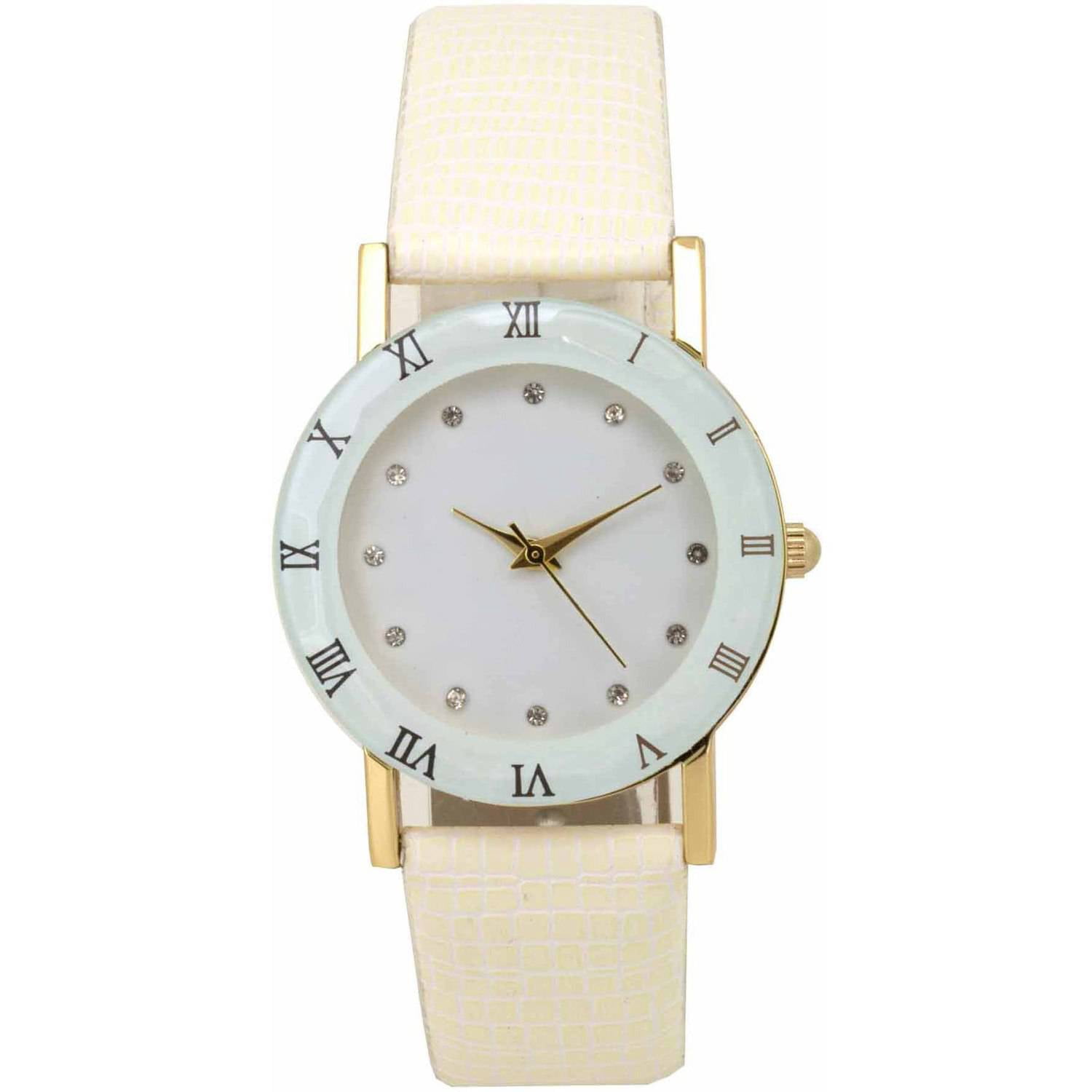 Watch Womens White Facet Crystal Marker Watch with Faux White Band - 8812WM