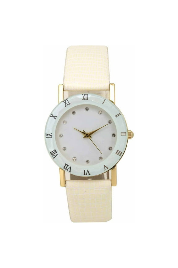 Watch Womens White Facet Crystal Marker Watch with Faux White Band - 8812WM