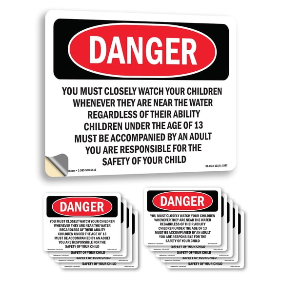 Watch Your Children At All Times OSHA Danger Vinyl Decal Label 14 Inch x 10 Inch - 10 Pack