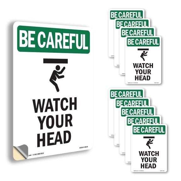 Watch Your Head OSHA Be Careful Vinyl Decal Label 7 Inch x 5 Inch - 10 Pack