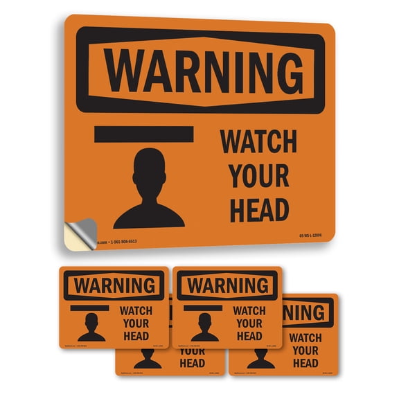 Watch Your Head OSHA WARNING Vinyl Decal Label 14 Inch x 10 Inch - 5 Pack