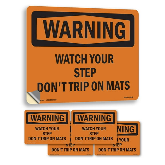 Watch Your Step Don't Trip On Mats OSHA WARNING Vinyl Decal Label 24 Inch x 18 Inch - 5 Pack