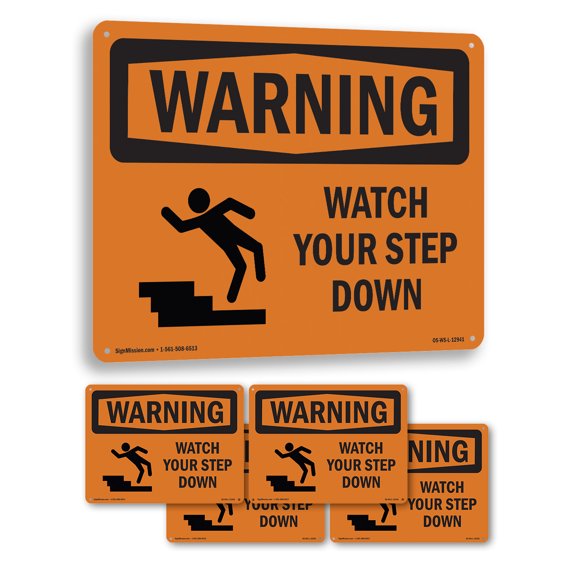 Watch Your Step Down With Symbol OSHA WARNING Rigid Plastic Sign 10 Inch x 7 Inch - 5 Pack