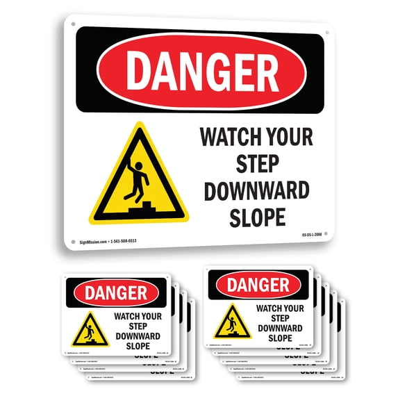 Watch Your Step Downward Slope OSHA Danger Aluminum Sign 14 Inch x 10 Inch - 10 Pack