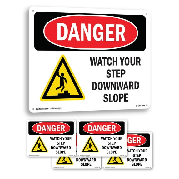 Watch Your Step Downward Slope OSHA Danger Rigid Plastic Sign 10 Inch x 7 Inch - 5 Pack