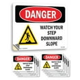 thumbnail image 1 of Watch Your Step Downward Slope OSHA Danger Vinyl Decal Label 7 Inch x 5 Inch - 10 Pack, 1 of 6
