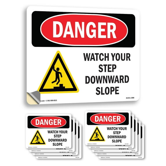 Watch Your Step Downward Slope OSHA Danger Vinyl Decal Label 7 Inch x 5 Inch - 10 Pack
