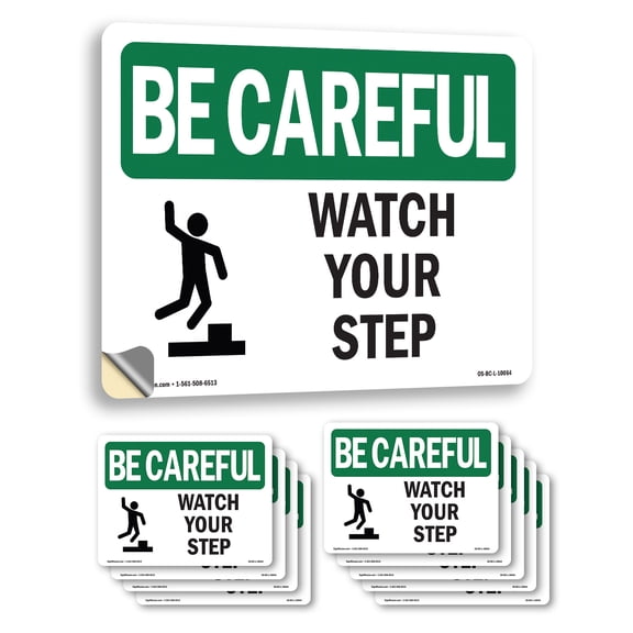 Watch Your Step OSHA Be Careful Vinyl Decal Label 10 Inch x 7 Inch - 10 Pack