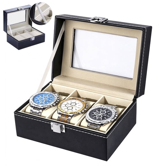 OFEFE Premium Watch Box for Men Watch Box Small 3 Slot Black Leather Display Glass,3 Slot Watch Travel Case,Hard Shell Watch Storage Box Organizer