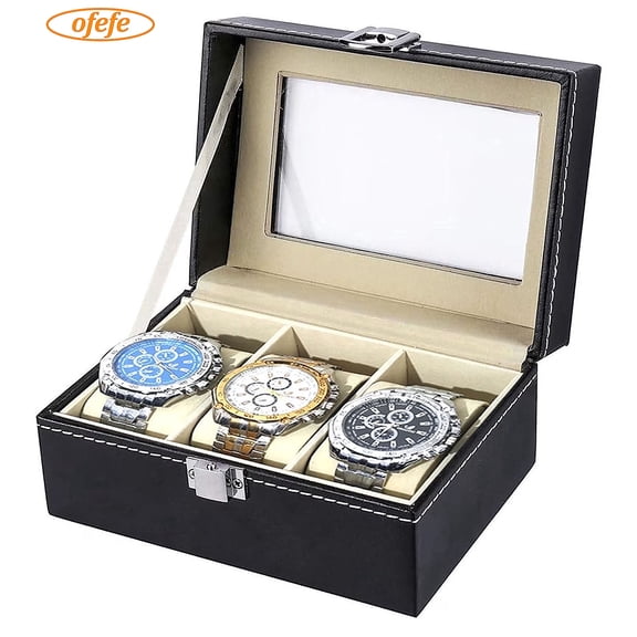 OFEFE Watch Box for Men Watch Box Small 3 Slot Mens Black Leather Display Glass Top Jewelry Case Organizer Watch Storage Case Jewelry Box