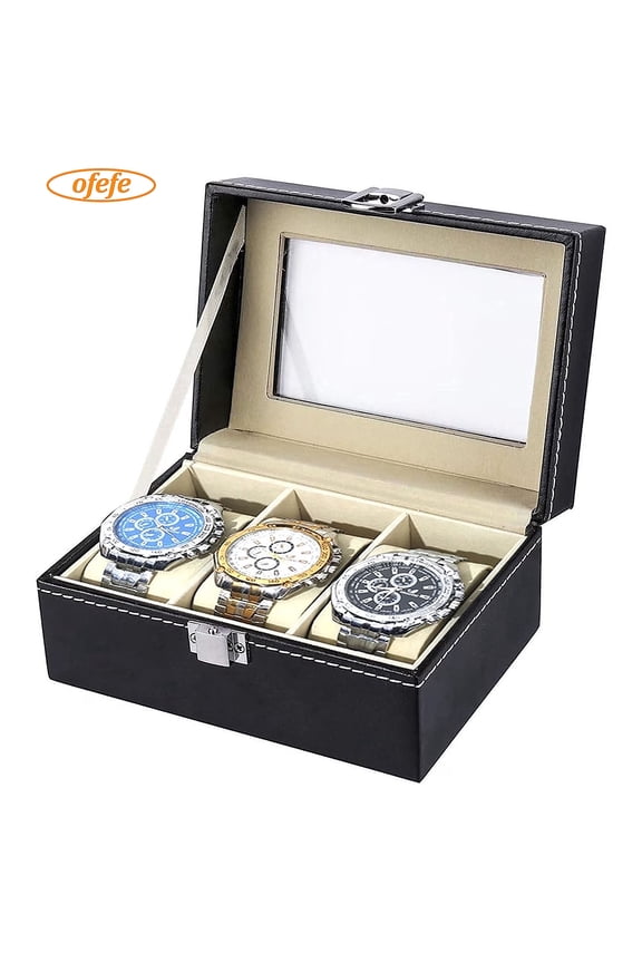 Watch Box for Men Watch Box Small 3 Slot Mens Black Leather Display Glass Top Jewelry Case Organizer Watch Storage Case Jewelry Box