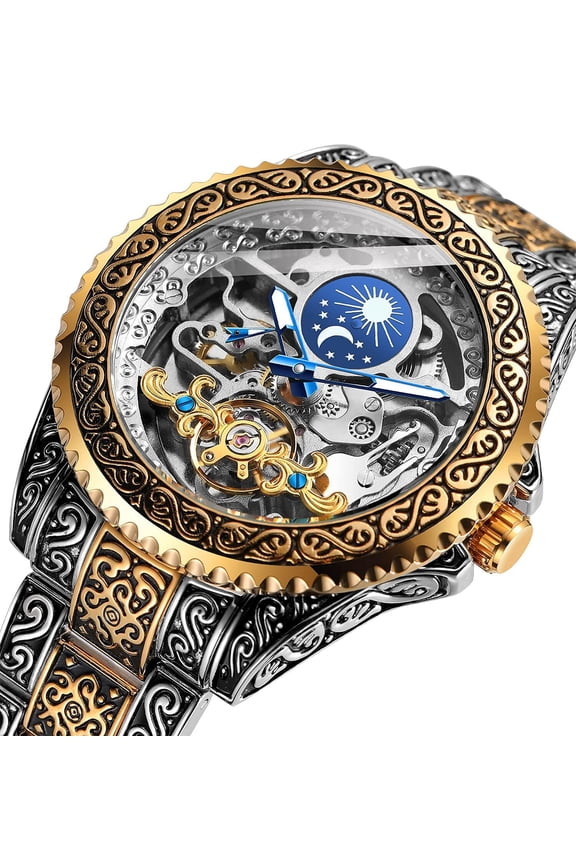 Watch for Men Carved Self-Wind Mechanical Tattoo Tourbillon Moon Phase Independent Seconds Skeleton Automatic Big Dial Wrist Watches