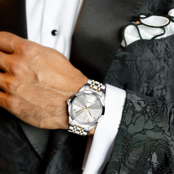 Watch for Men Diamond Business Dress Analog Quartz Waterproof Luminous Date Two Tone Luxury Casual Wrist Watch