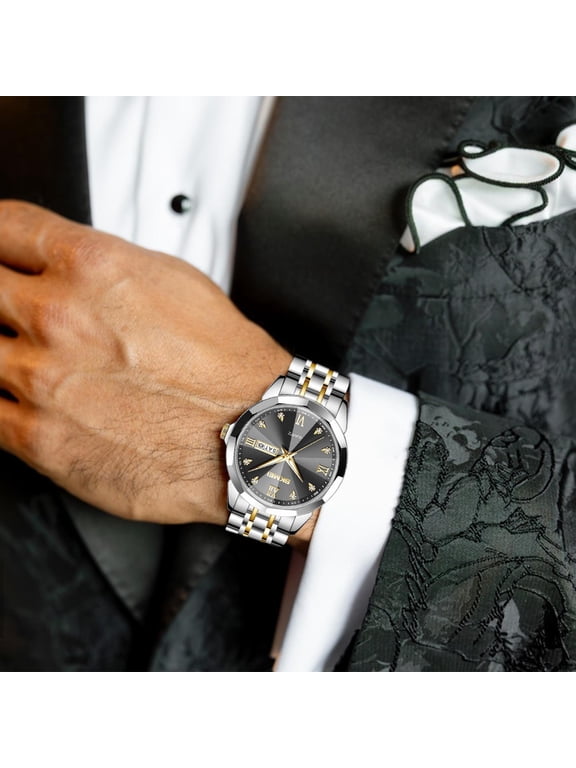 Watch for Men Diamond Business Dress Analog Quartz Waterproof Luminous Date Two Tone Luxury Casual Wrist Watch