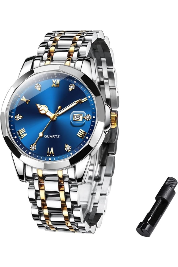 Watch for Men Luxury Stainless Steel Business Dress Analog Quartz Watch with Roman Numerals &  Dial  Date Magnifier
