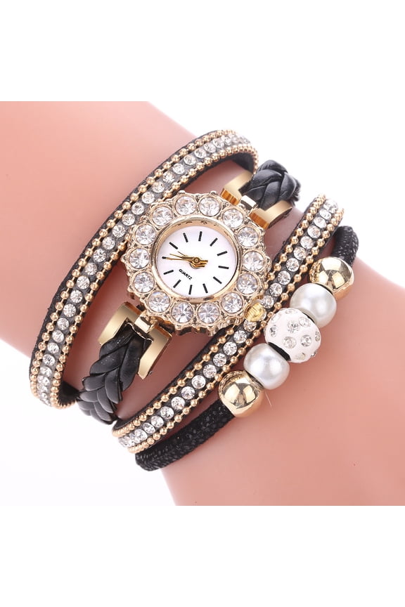 Watch for Women Watches Fashion Vintage Weave Wrap Quartz Wrist Watch Bracelet for Ladies Black