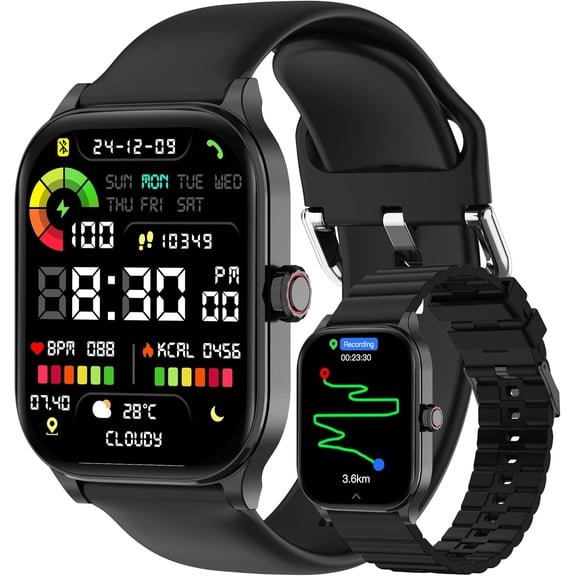 Watch with Built-in GPS, 1.96"  Display, Answer/Make Calls, 100+  Modes, /Sleep/SpO2 , Fitness Activity  for  and , for women men, 2 Bands, Black