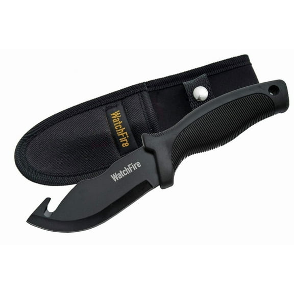 WatchFire 9" Fixed Blade Utility Knife with Guthook Blade, Skid-Proof Handle, and Sheath, Black