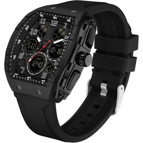 Watches for Men Unique Rectangle Relojes para Hombres White Wristwatch with Digital Analog Dual Time Display Countdown Stopwatch Punk Cool Design 5ATM Waterproof