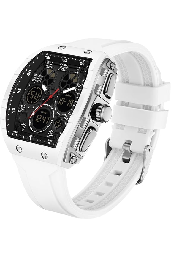 Watches for Men Unique Rectangle Relojes para Hombres White Wristwatch with Digital Analog Dual Time Display Countdown Stopwatch Punk Cool Design 5ATM Waterproof