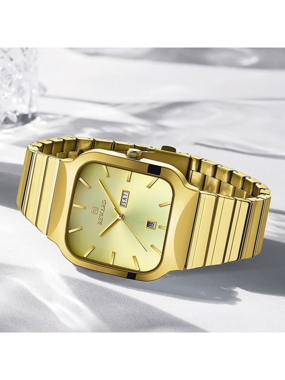 Men’s Square Analog Quartz Watch, All Gold Stainless Steel Bracelet Wrist Watch with Gold‑Tone Dial, Day Date Display Waterproof Business Sport Casual Watch for Men